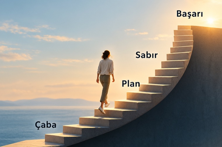 Çaba, plan ve sabır basamaklarından oluşan merdiveni başarıya doğru çıkan bir kadın